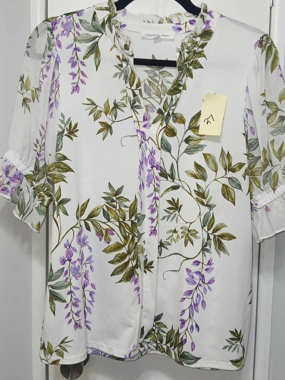 PerSeption Concept White Blouse with Purple Vine and Green Leaf Print